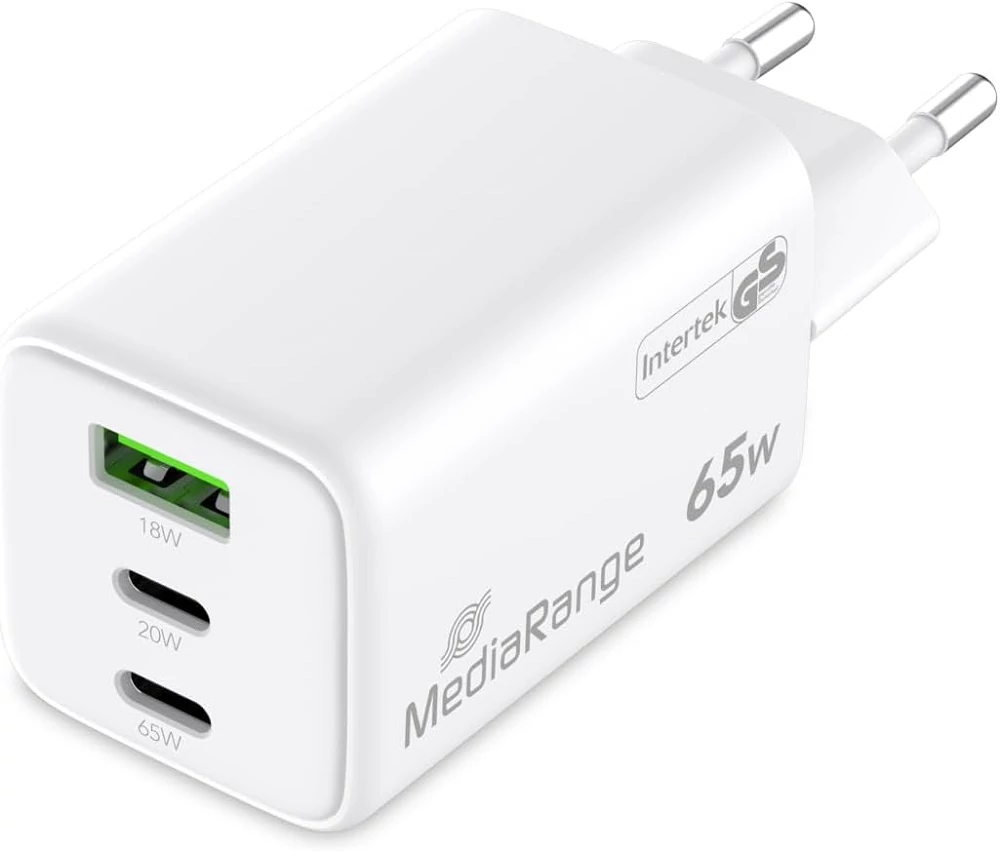 MEDIARANGE HÁLÓZATI TÖLTŐ 2xUSB-C/1xUSB-A PD 3.0 QC 3.0 65W FEHÉR