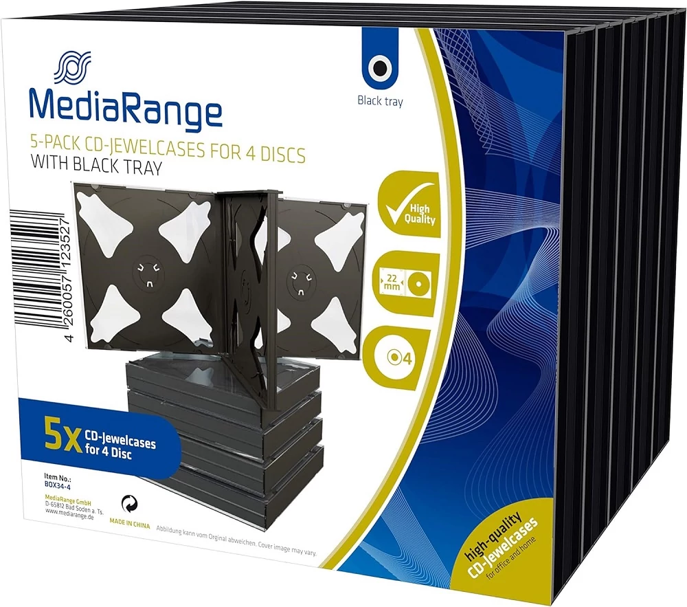 MEDIARANGE 22mm CD TOK 4 DB LEMEZ TÁROLÁSÁHOZ 5 DB-OS CSOMAG BOX34-4