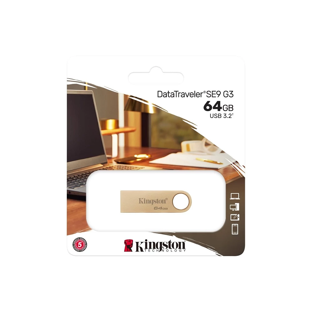 KINGSTON DATATRAVELER SE9 G3 USB 3.2 GEN 1 FÉMHÁZAS PENDRIVE 64GB (220/100 MB/s) ARANY
