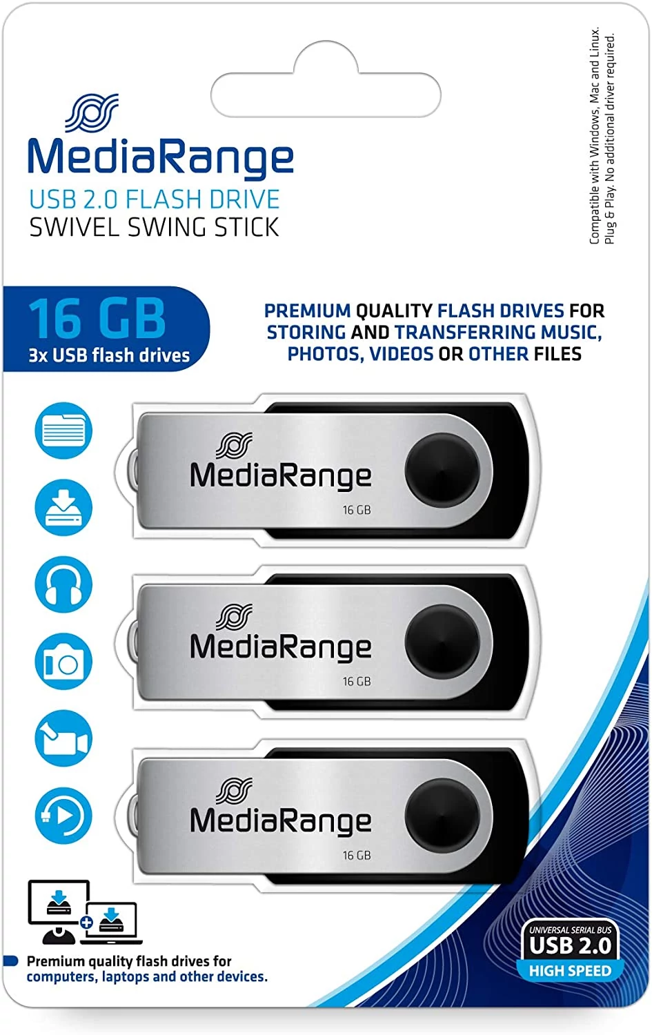 MEDIARANGE USB 2.0 PENDRIVE 16GB 3 DB-OS CSOMAG  MR910-3